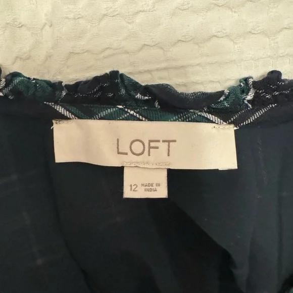 LOFT Plaid Cap Sleeve Flounce Dress Green/Navy Size 12 - Picture 3 of 9